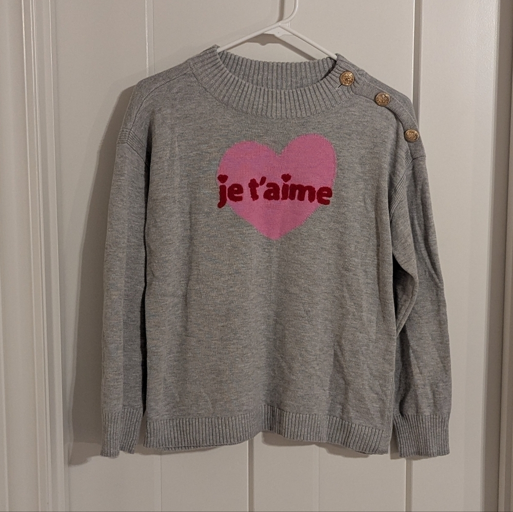 Talbots Je T'aime Heart Mockneck Grey Sweater with Gold Button Detail sz Mp